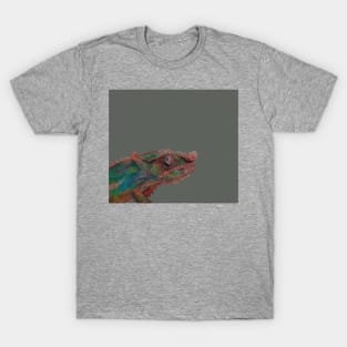 Colorful Chameleon Drawing on Gray T-Shirt